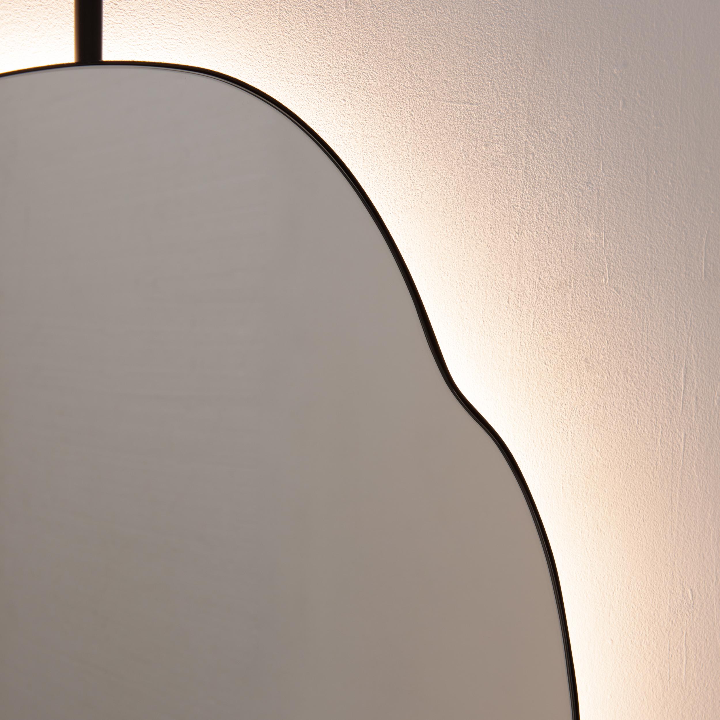 Contemporary Illuminated Ergon Ceiling Suspended Organic Irregular Mirror, Modern Black Frame For Sale
