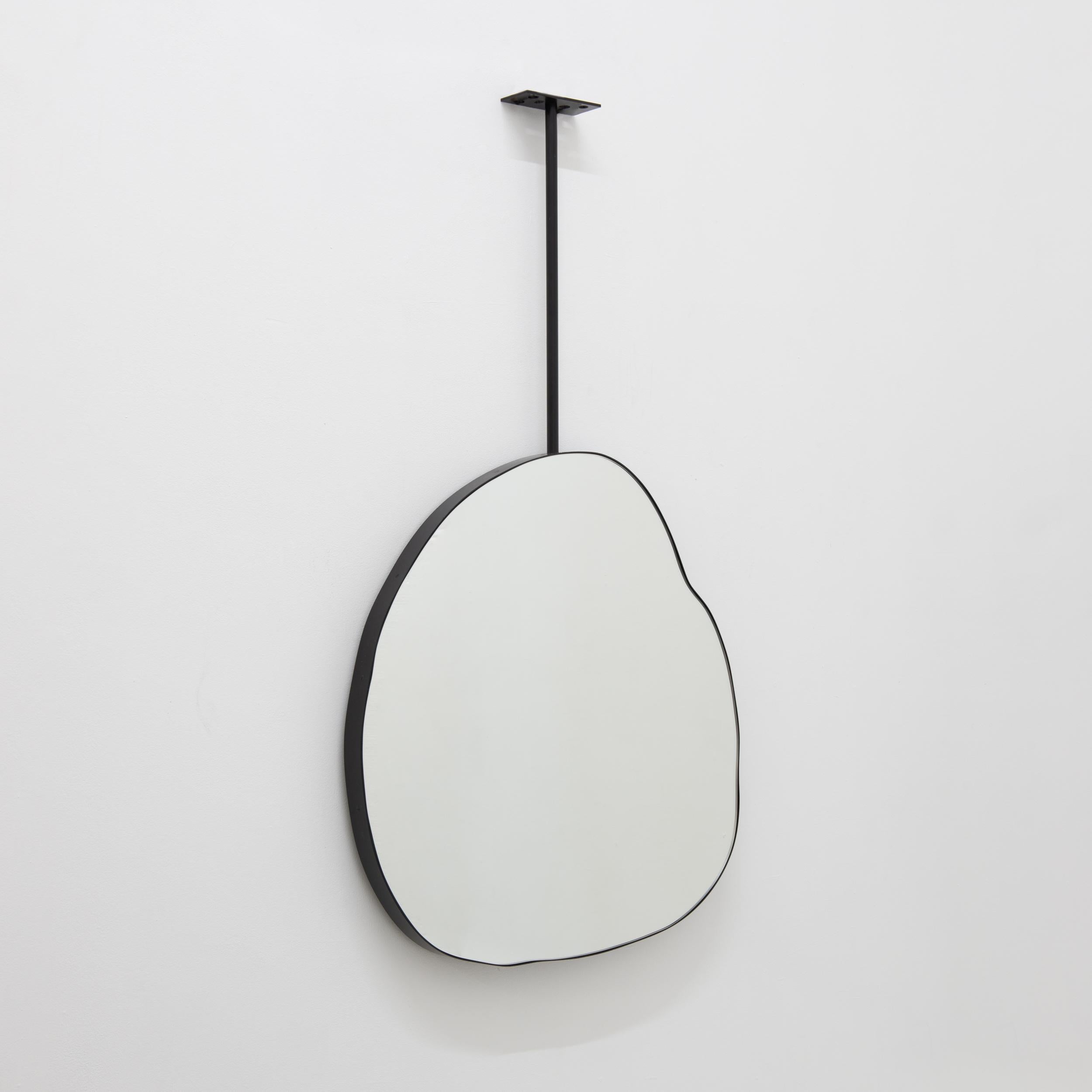Aluminum Illuminated Ergon Ceiling Suspended Organic Irregular Mirror, Modern Black Frame For Sale