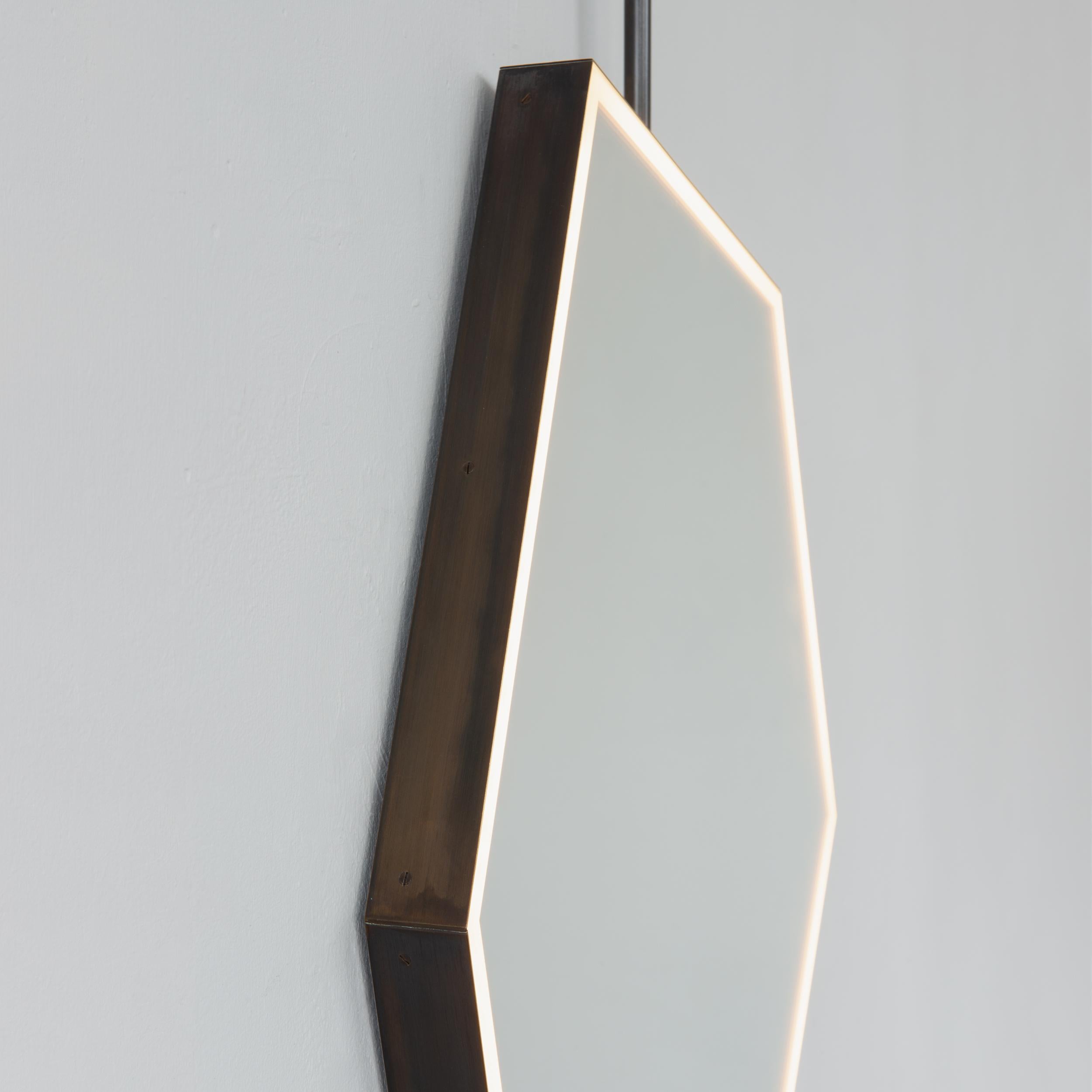 Illuminated Irregular Hexagonal Suspended Mirror, Patina Frame, Sensor Switch For Sale 4