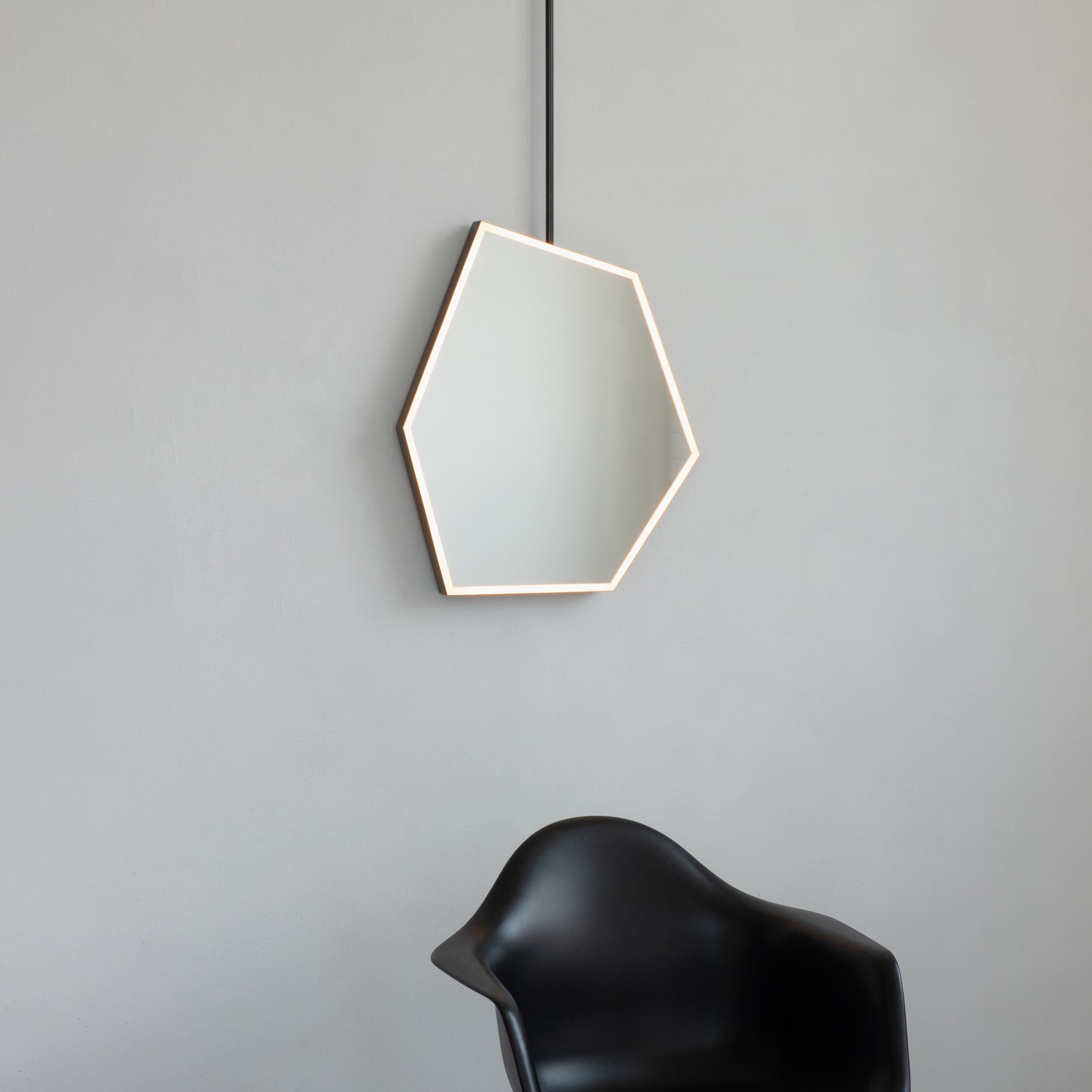 Illuminated Irregular Hexagonal Suspended Mirror, Patina Frame, Sensor Switch For Sale 5
