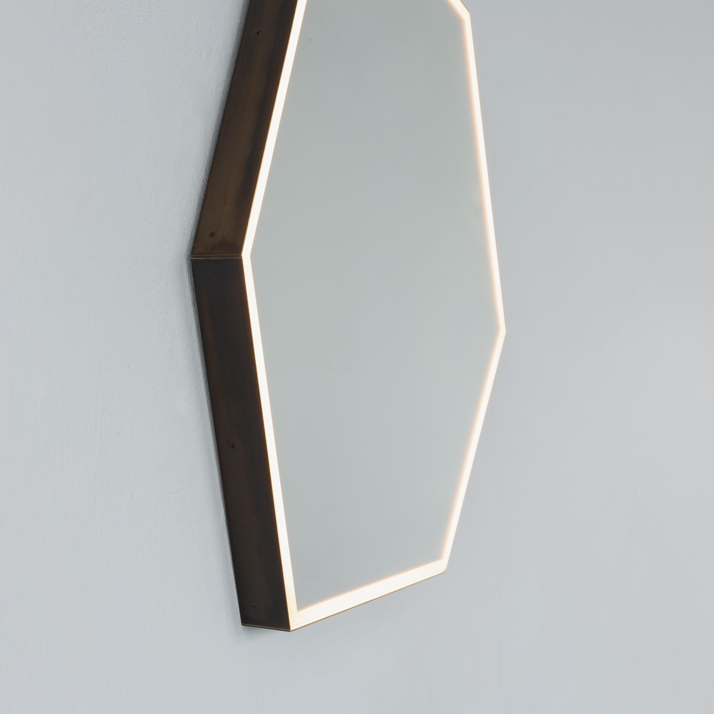 Illuminated Irregular Hexagonal Suspended Mirror, Patina Frame, Sensor Switch For Sale 6