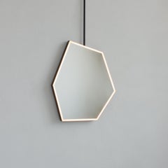 Illuminated Irregular Hexagonal Suspended Mirror, Patina Frame, Sensor Switch