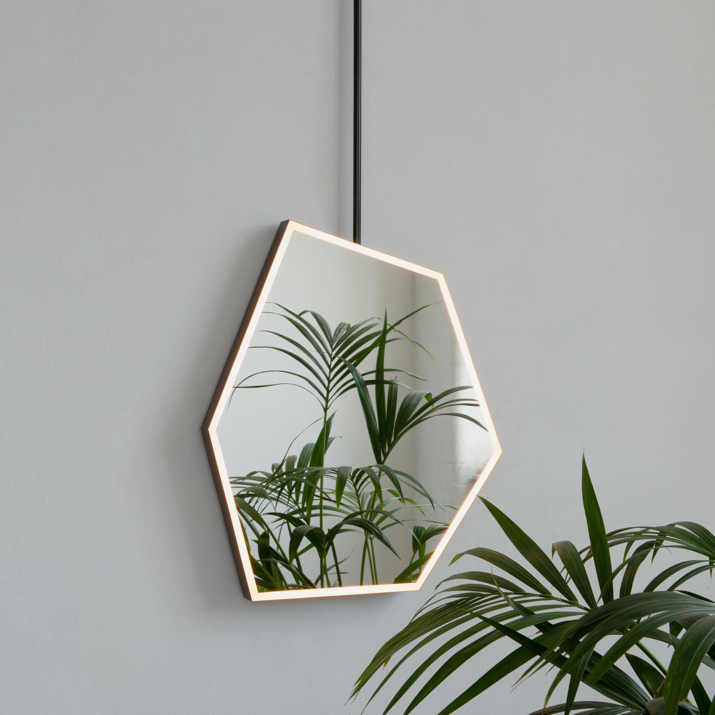 British Illuminated Irregular Hexagonal Suspended Mirror, Patina Frame, Sensor Switch For Sale