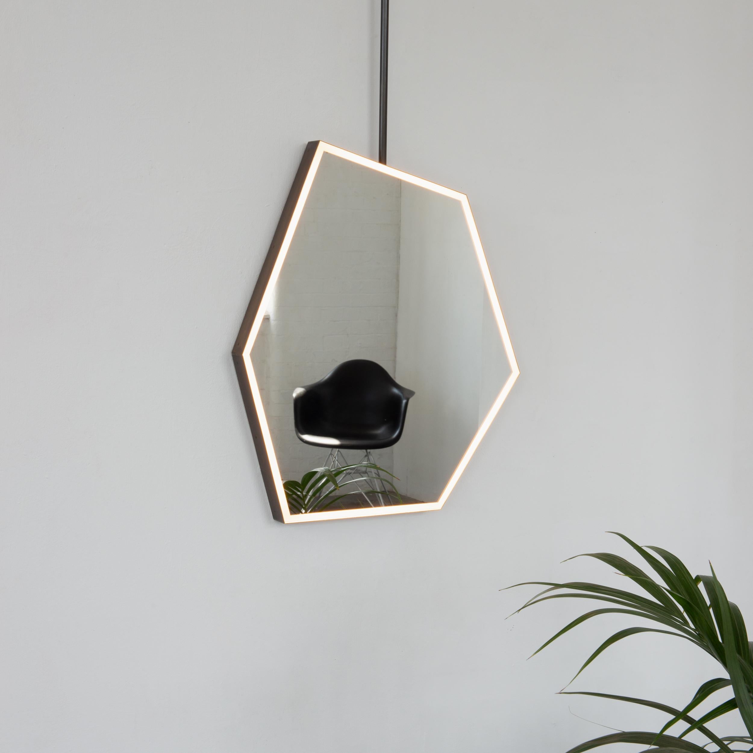 Patinated Illuminated Irregular Hexagonal Suspended Mirror, Patina Frame, Sensor Switch For Sale