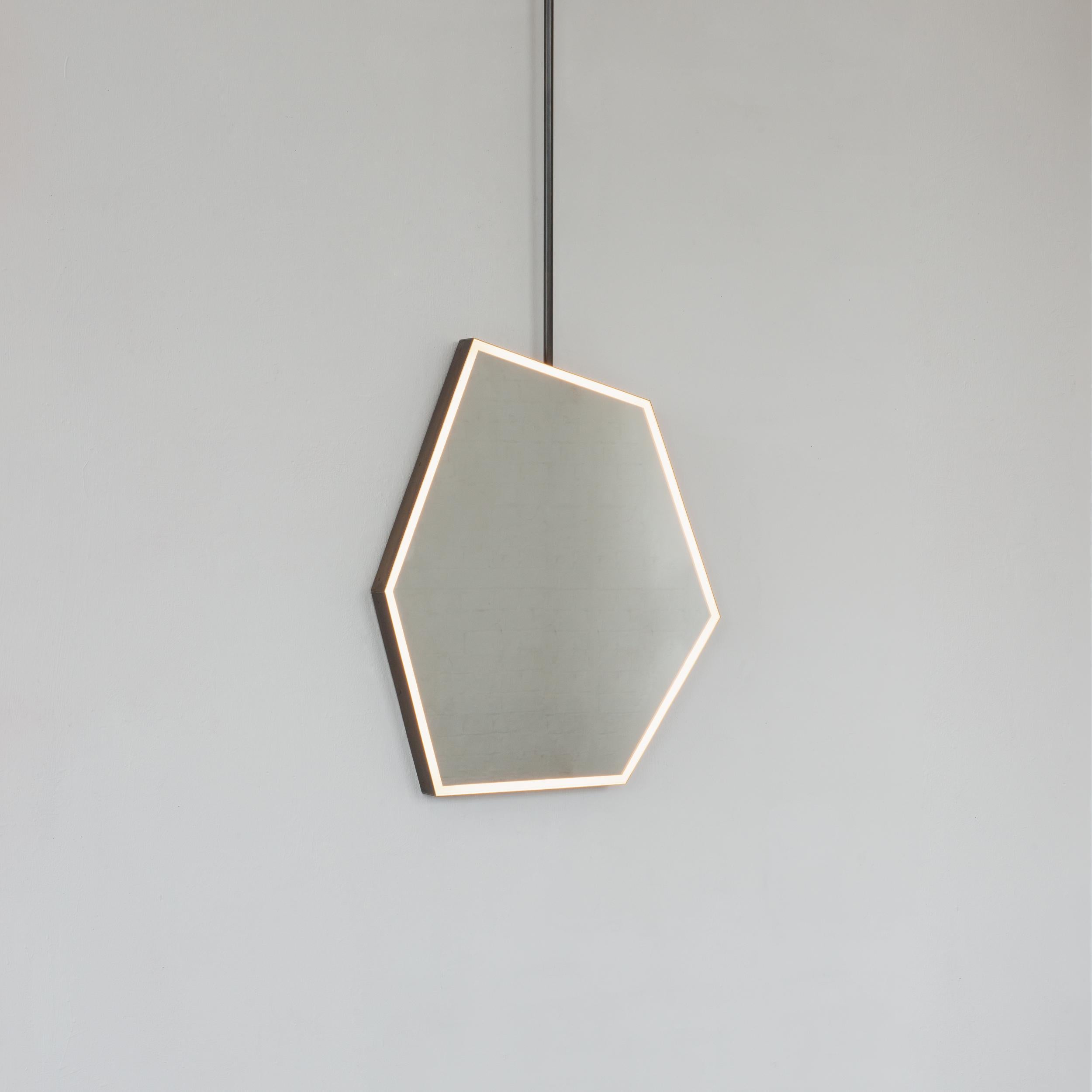 Illuminated Irregular Hexagonal Suspended Mirror, Patina Frame, Sensor Switch For Sale 3