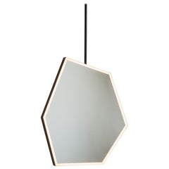 Illuminated Irregular Hexagonal Suspended Mirror, Patina Frame, Sensor Switch