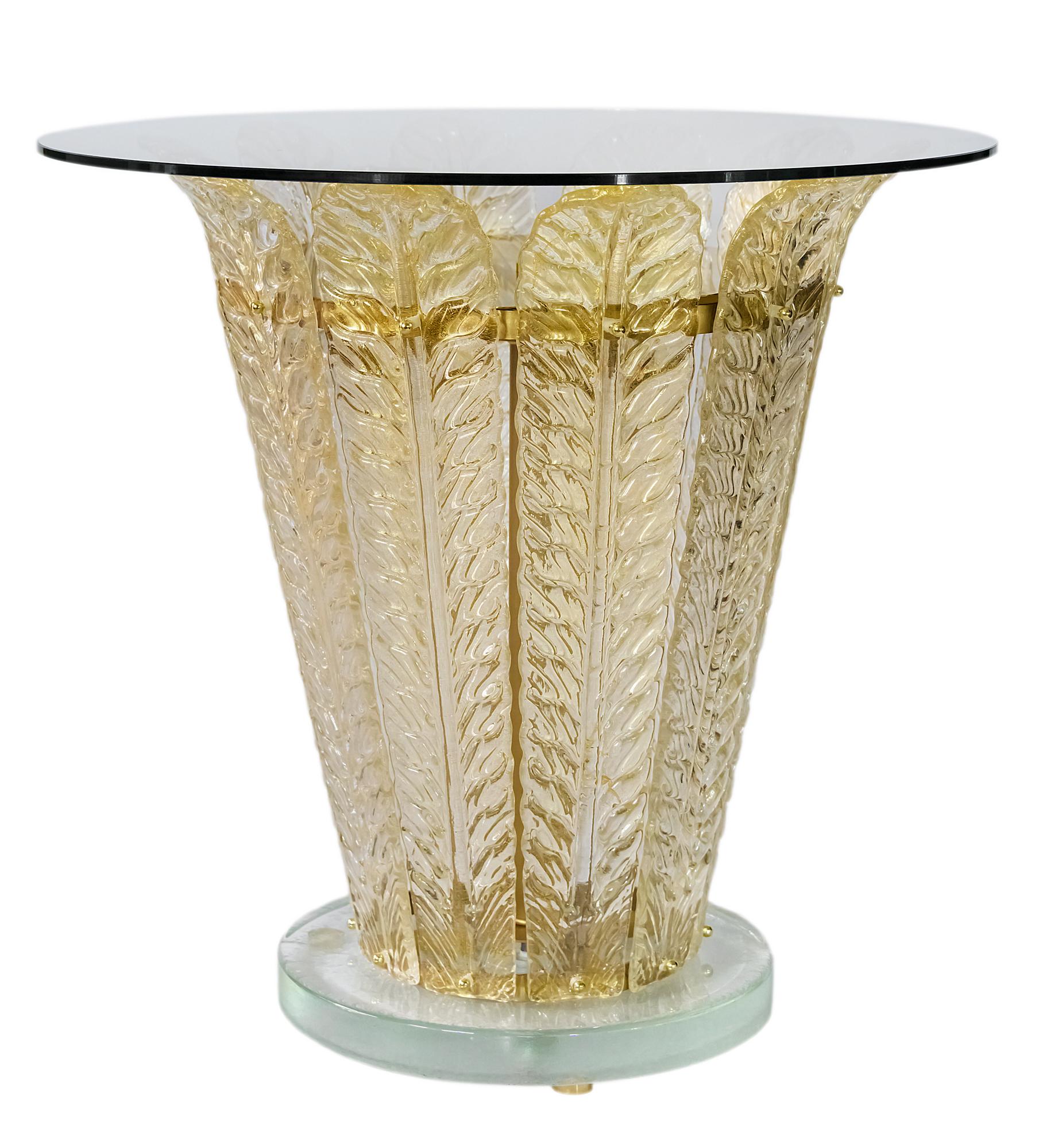 Hand-Crafted Illuminated Italian Side Table with Murano Glass Leaf Decor For Sale