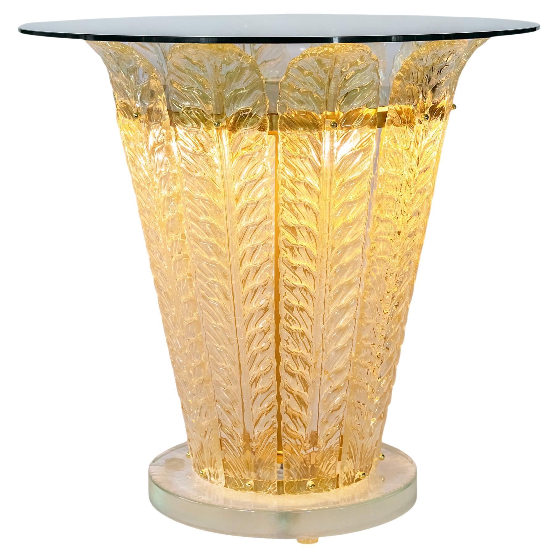 Illuminated Italian Side Table with Murano Glass Leaf Decor For Sale