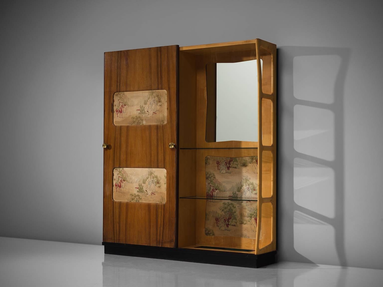 La permanente Mobile Cantu, wardrobe, wood, silk, Italy, 1950s.

Very special and typical Italian wardrobe manufactured by La permanente Mobile Cantu. The piece shows with elegant details and silk artwork in the door and the back panel. The large