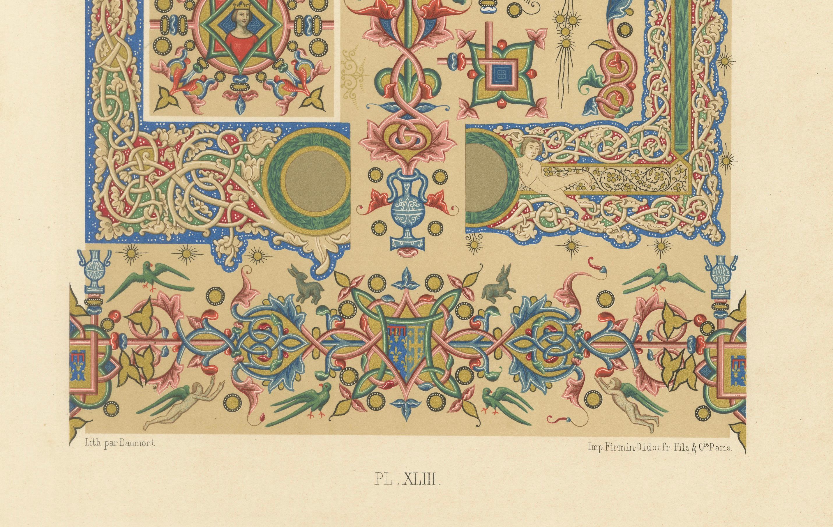 Illuminierte Handschrift Ornament - Mittelalterliche Zierbordüren und Motive, ca. 1869

Diese detailreiche Chromolithografie, Tafel XLIII aus L'Ornement Polychrome, zeigt eine atemberaubende Reihe von mittelalterlichen Zierleisten und illuminierten