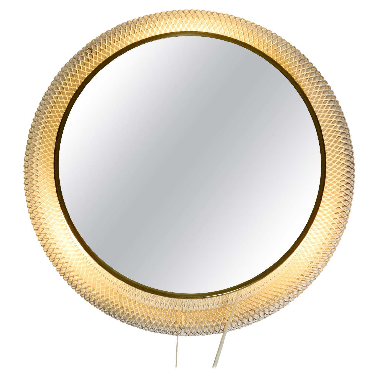 Illuminated Mid-Century Modern Round Wall Mirror with White Expanded Metal Frame