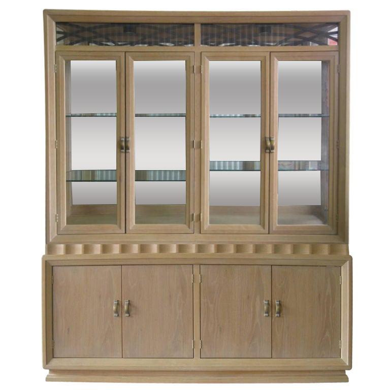 Illuminated Mid-Century Modern White Washed Two-Piece China Cabinet For Sale