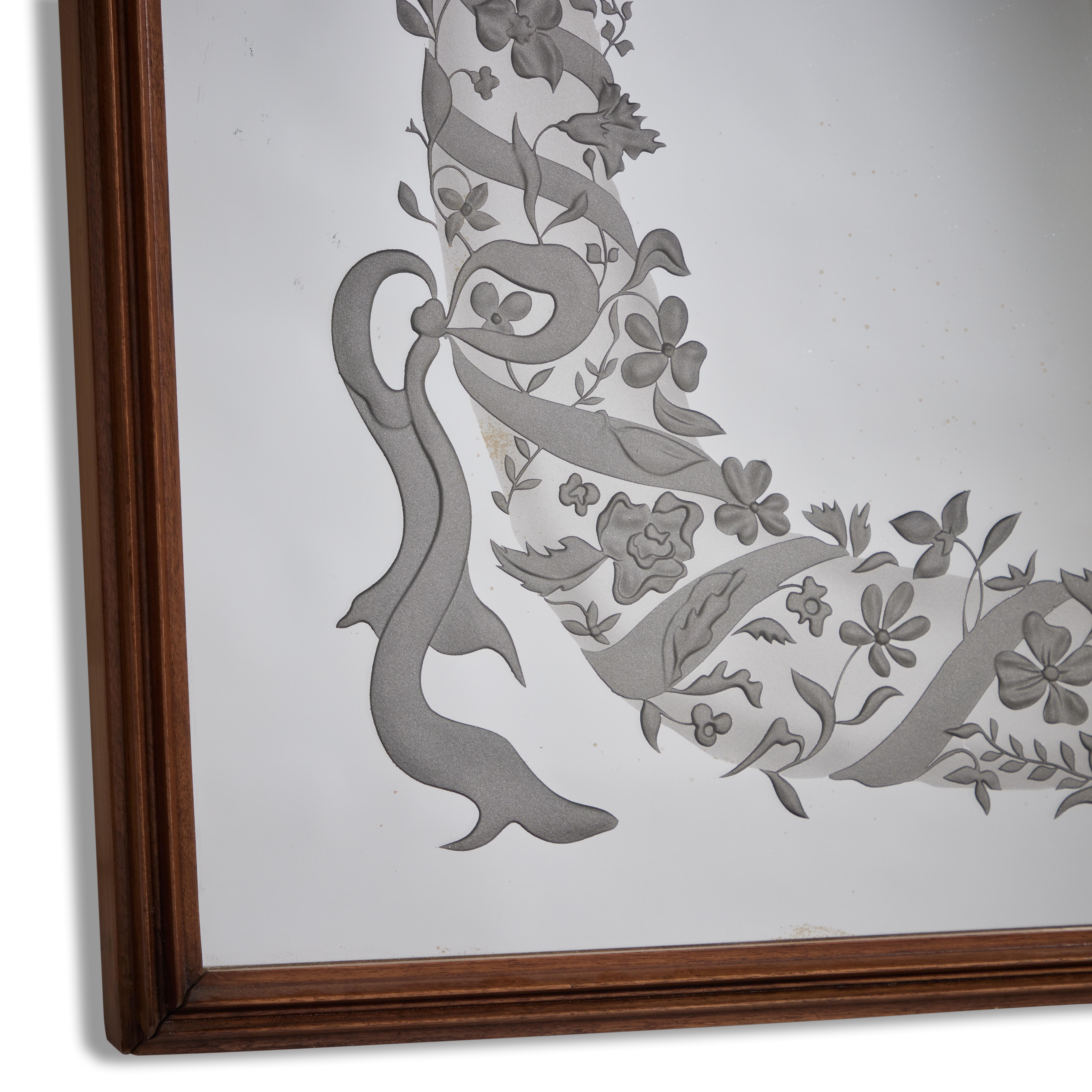 Illuminated mirror by Pietro Chiesa for Fontana Arte with etched glass. Made in Italy circa 1940s.