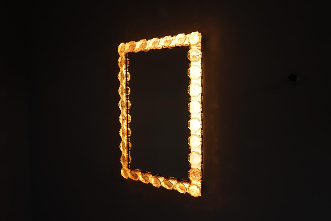 Mid-20th Century Illuminated Mirror in Brass and Crystal Glass by Palwa, 1960s