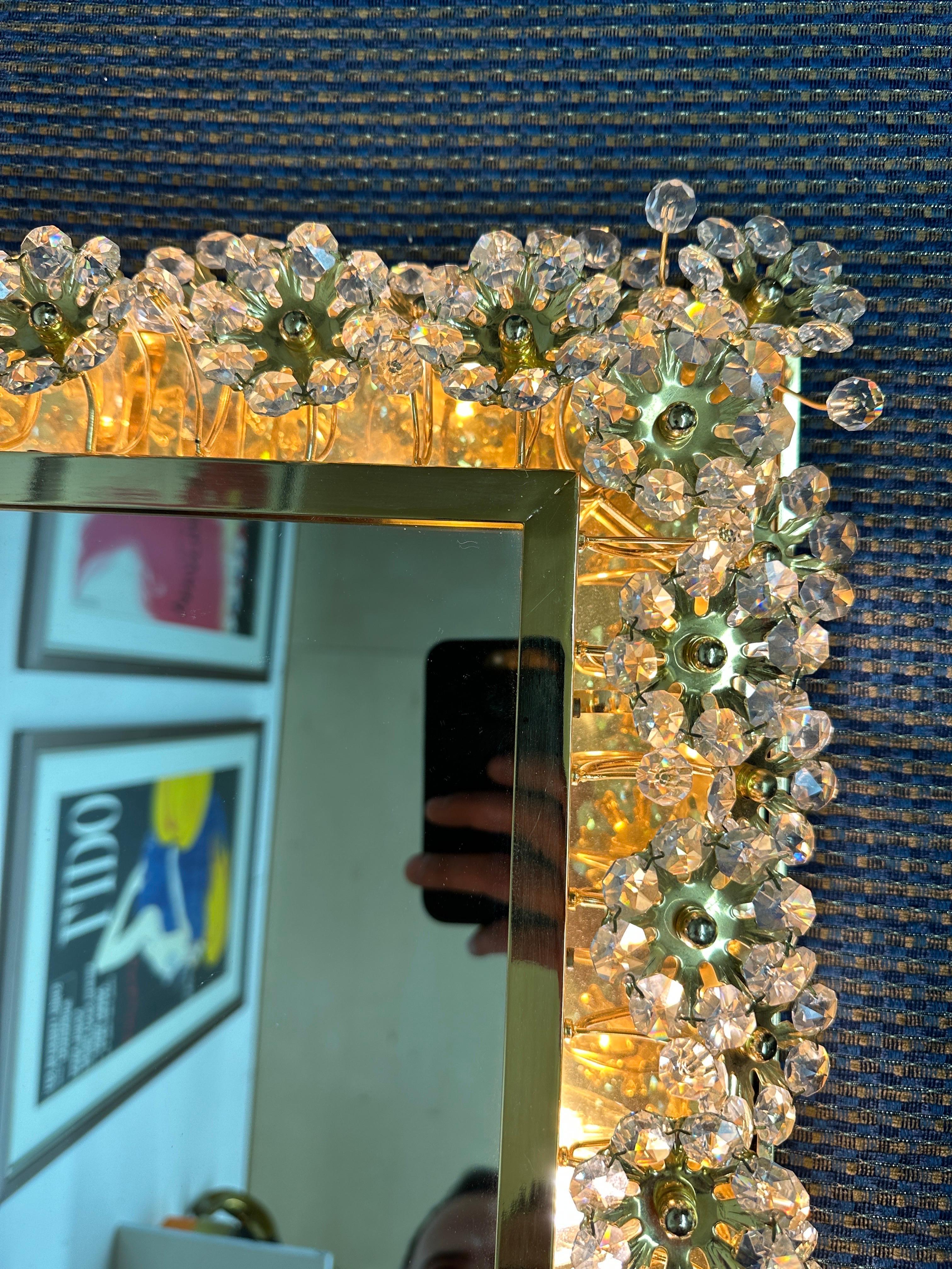 Polished Illuminated Mirror with Crystal Flowers by Palwa For Sale