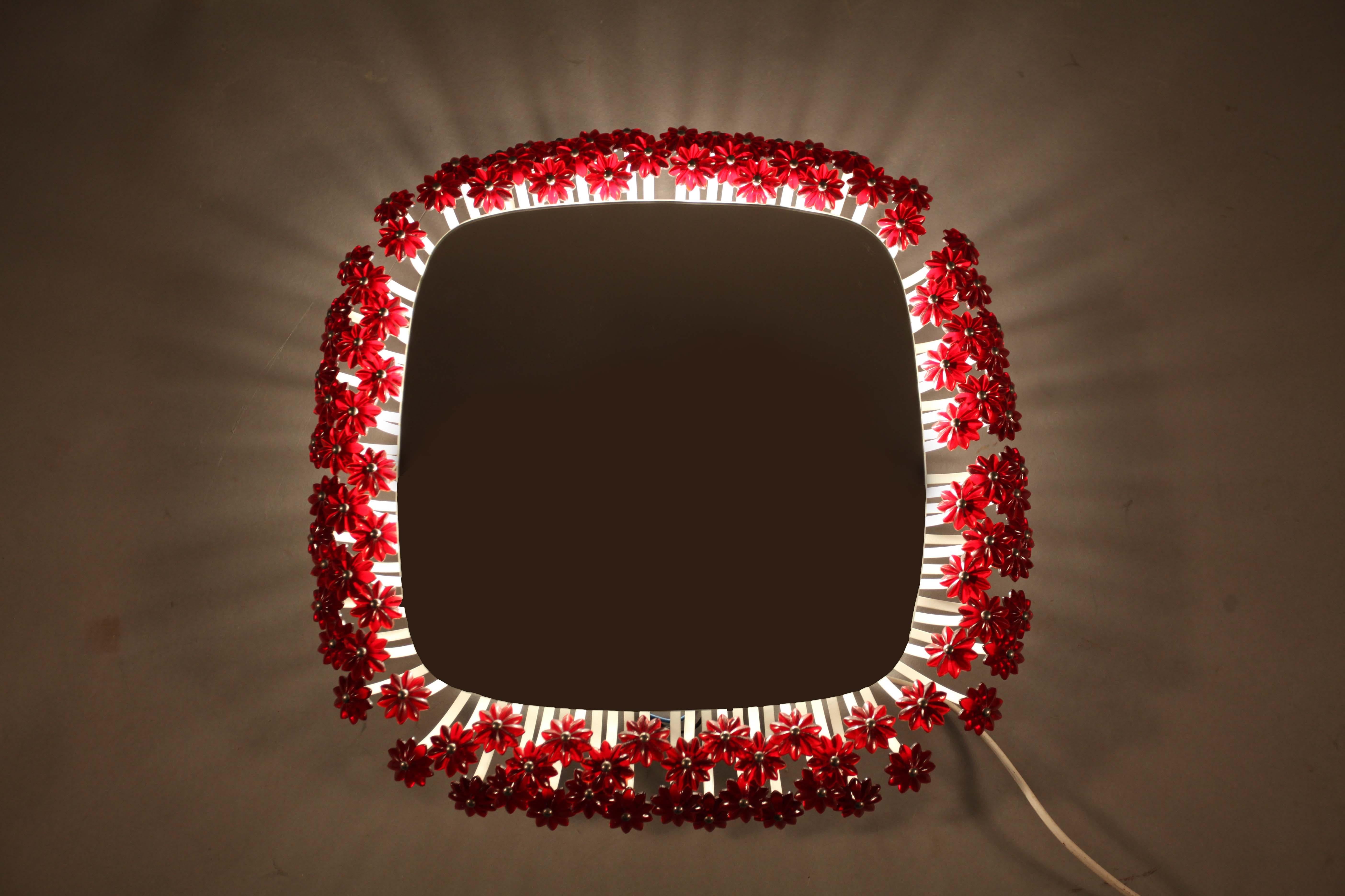 Illuminated Mirror with Red Acrylic Flowers Designed Emil Stejnar Vienna 1950 (Österreichisch)