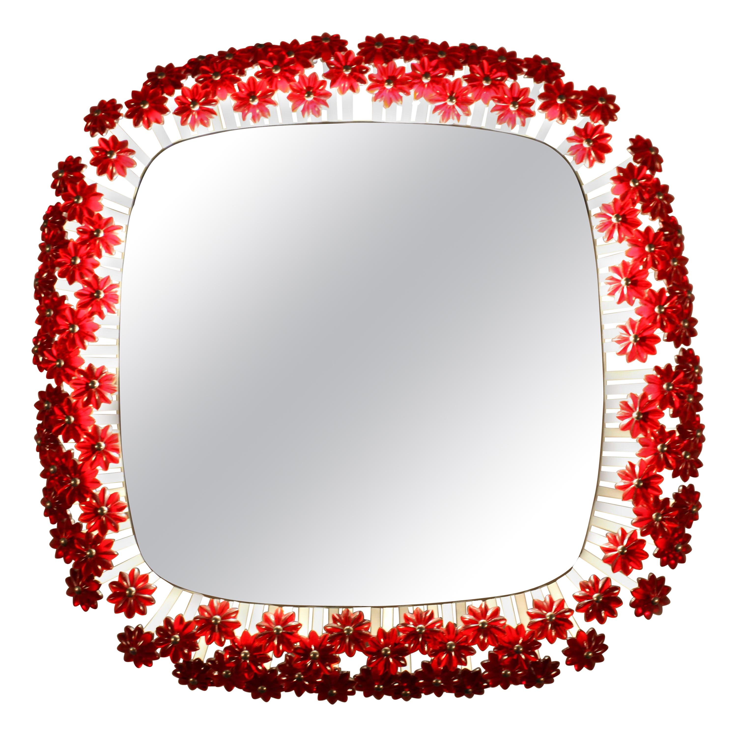 Illuminated Mirror with Red Acrylic Flowers Designed Emil Stejnar Vienna 1950