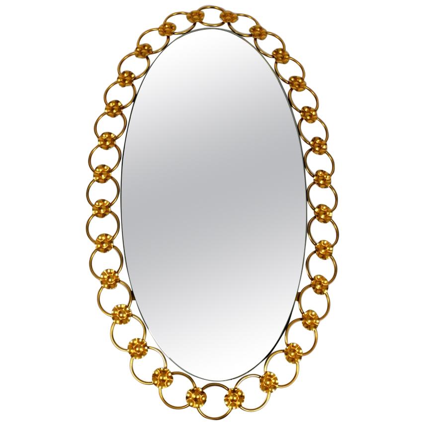 Illuminated Oval 1960s Large Wall Mirror with a Brass Frame For Sale