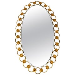 Vintage Illuminated Oval 1960s Large Wall Mirror with a Brass Frame