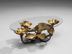 Illuminated Oval Coffee Table with Floral Base in Brass