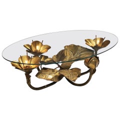Illuminated Oval Coffee Table with Floral Base in Brass