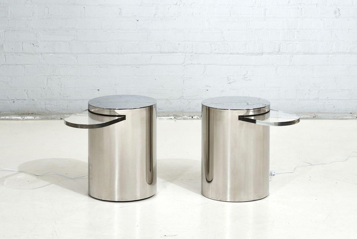 Pair Brueton Chrome Drum cantilevered Side/End Tables, 1970. Illuminated Lucite table tops. Sold as a pair.