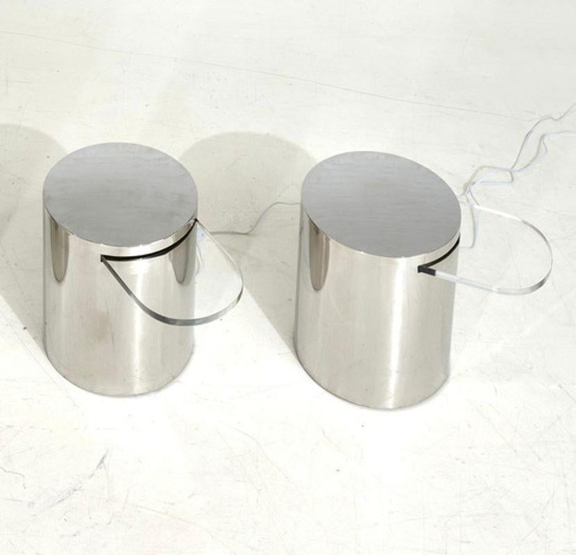 American Illuminated Pair Brueton Chrome Drum Cantilevered Side/End Tables, 1970