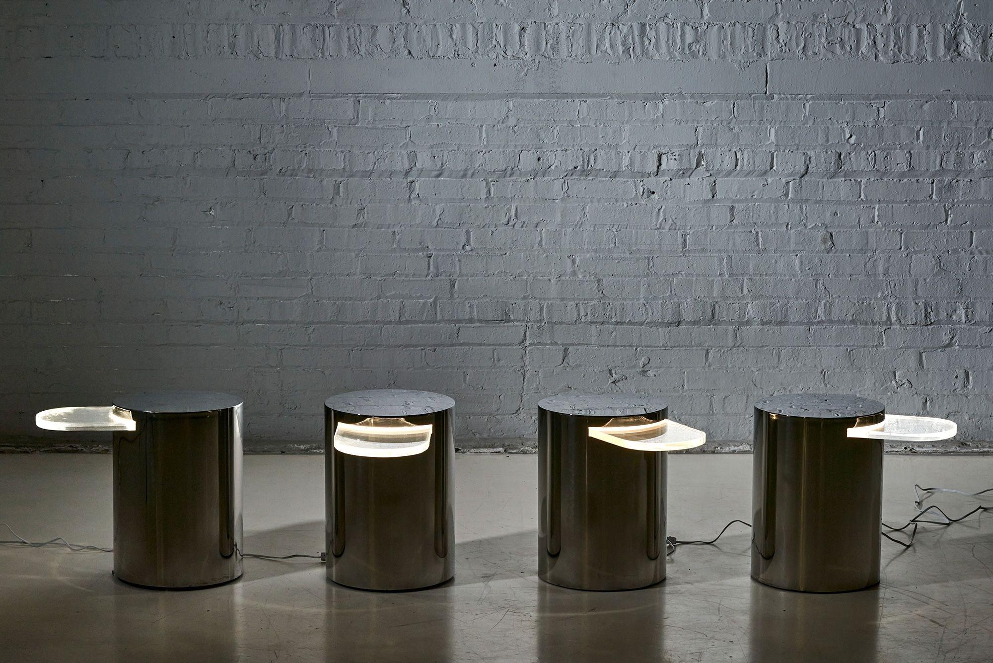 Illuminated Pair Brueton Chrome Drum Cantilevered Side/End Tables, 1970 2