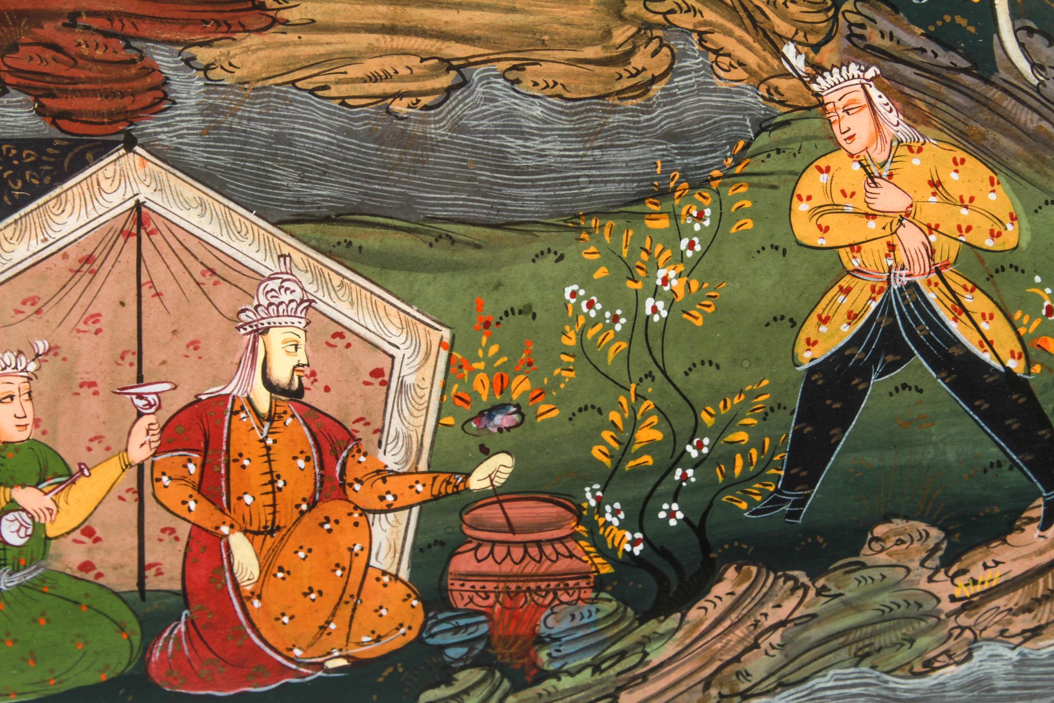 Illuminated framed Persian hand painted manuscript miniature depicting a scene from the epic poem of the Shahnameh, the Book of Kings, with a young man eavesdropping on two men sitting among trees.