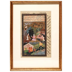 Antique Illuminated Persian Manuscript Miniature with Shahnameh Scene