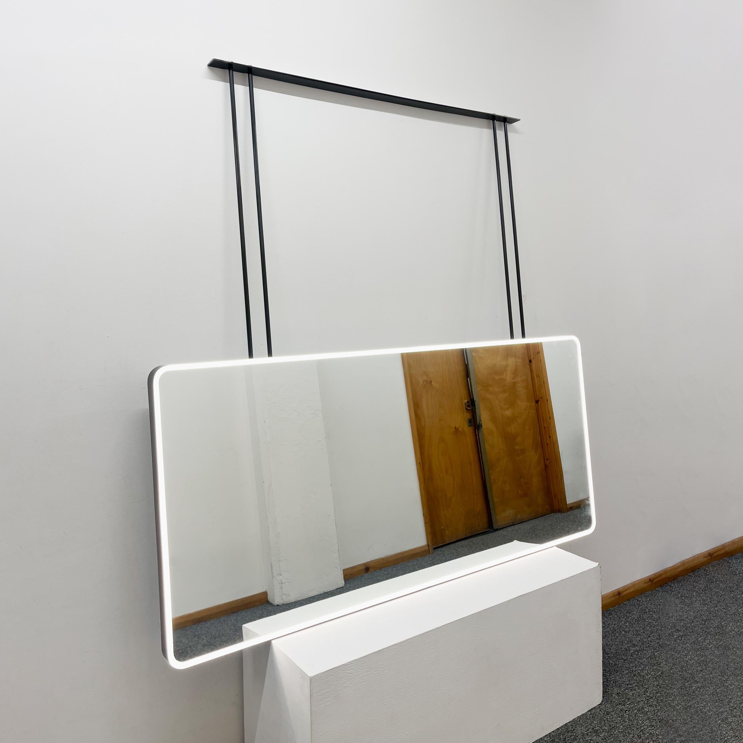 Blackened Illuminated Quadris Suspended Rectangular Bathroom Island Double-sided Mirror For Sale
