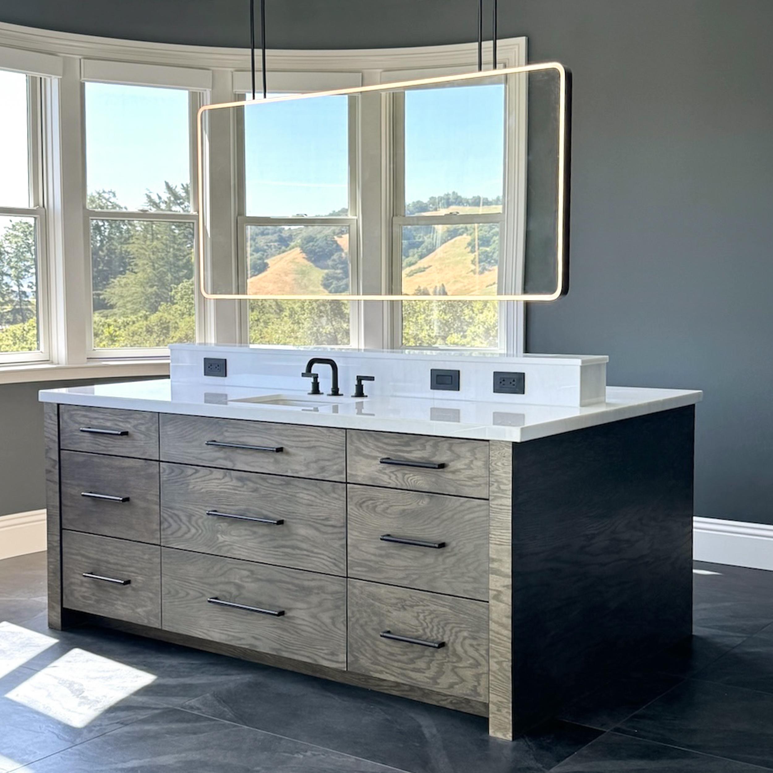Illuminated Quadris Suspended Rectangular Bathroom Island Double-sided Mirror In New Condition For Sale In London, GB