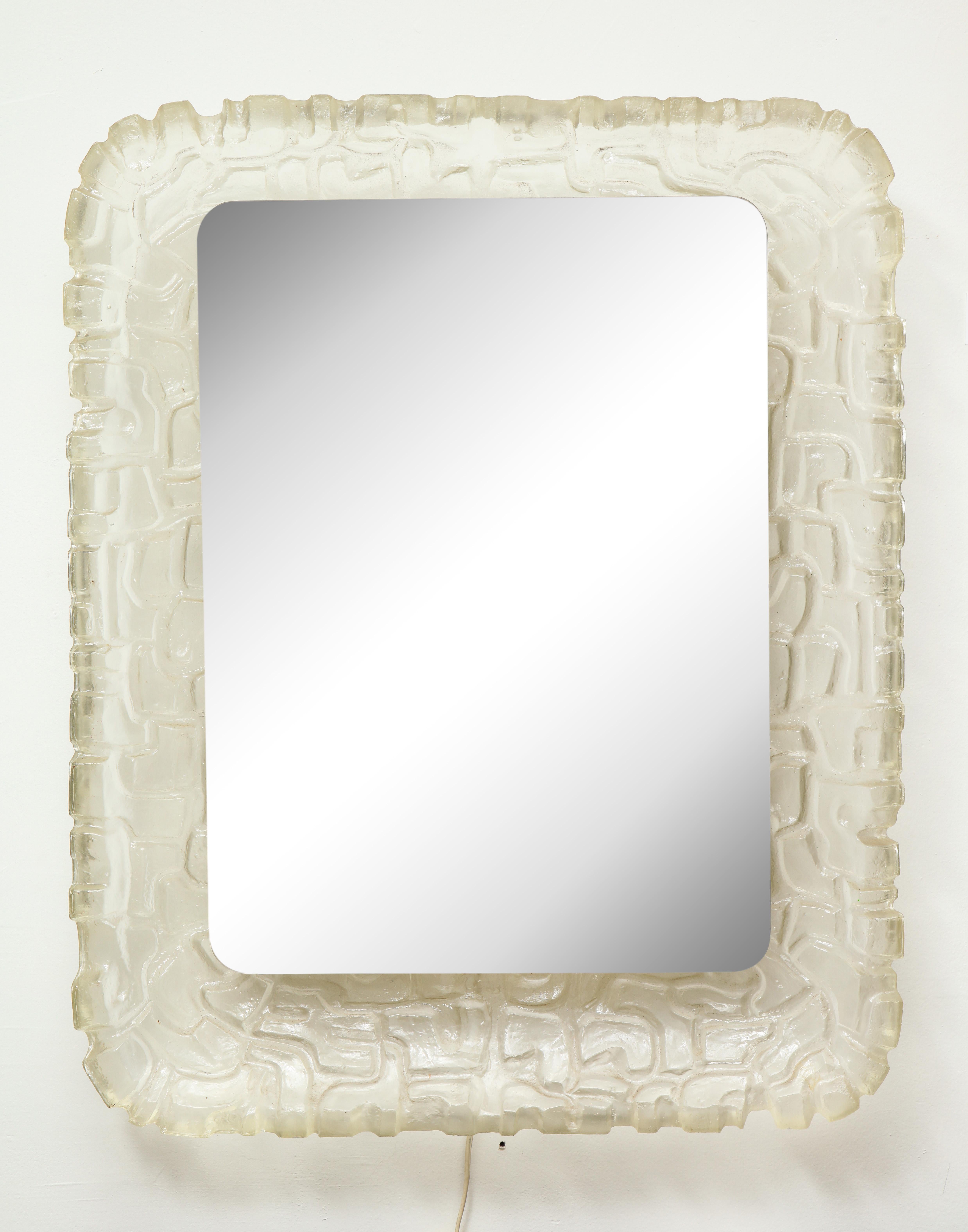 German Illuminated Rectangular Mirror with Molded Resin Scalloped Frame