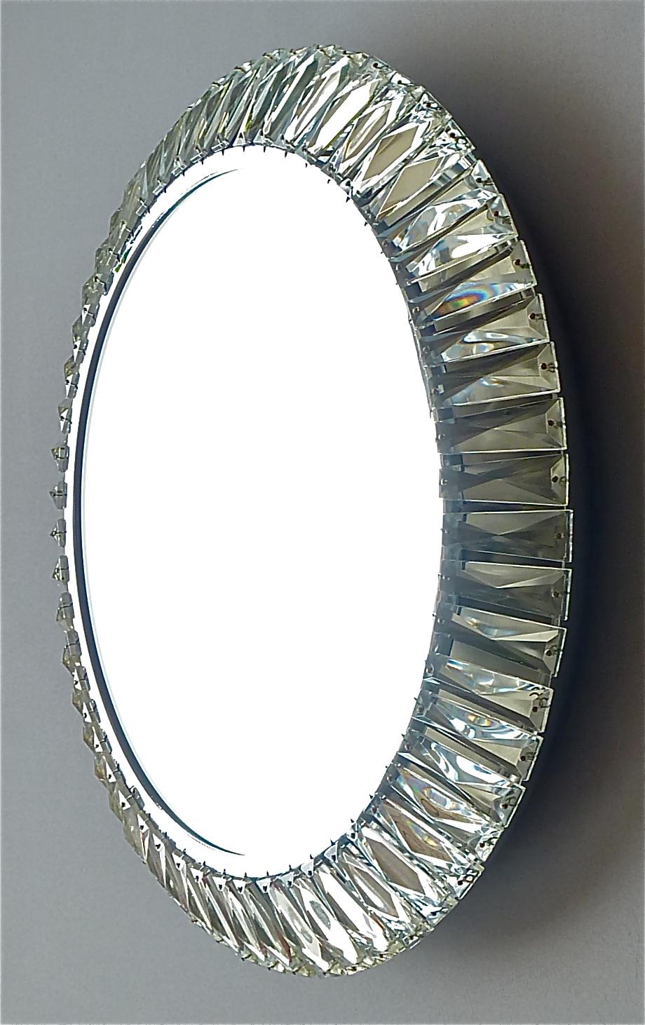 Mid-Century Modern Illuminated Round Palwa Wall Mirror Chrome Faceted Crystal Glass Bakalowits For Sale