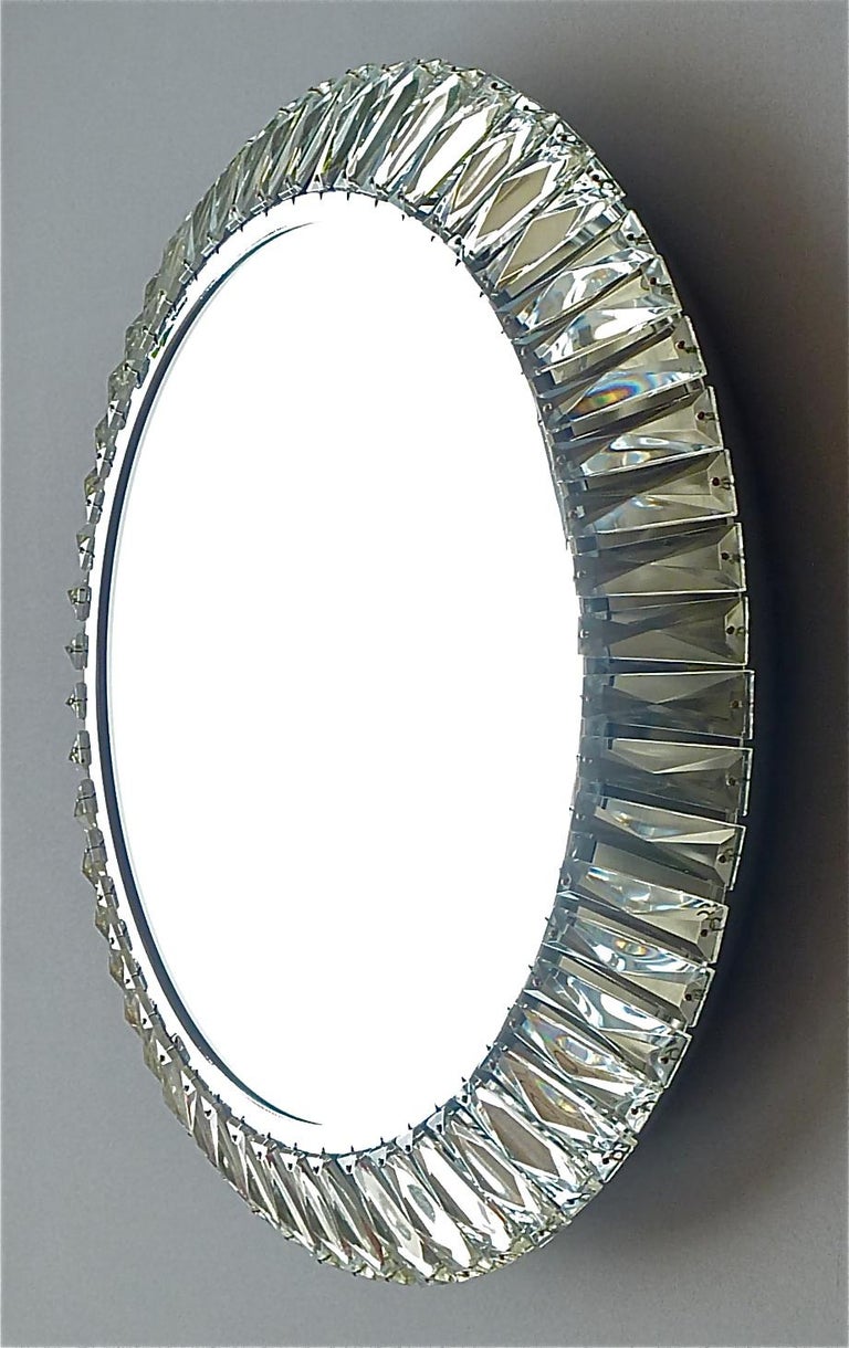 Illuminated Round Palwa Wall Mirror Chrome Faceted Crystal Glass