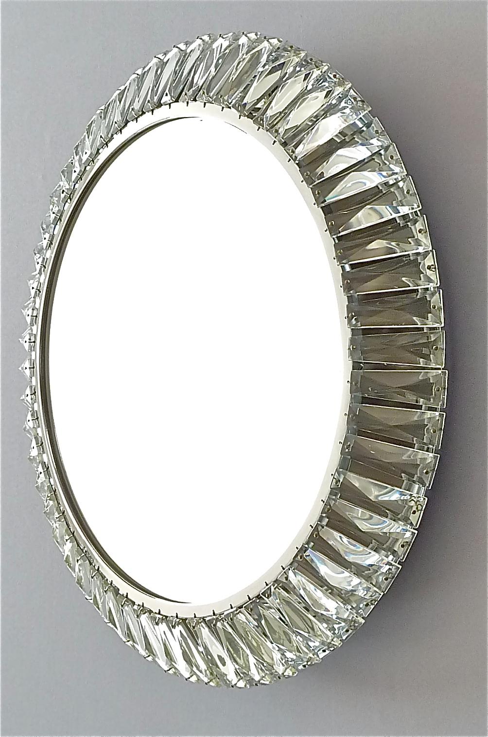 German Illuminated Round Palwa Wall Mirror Chrome Faceted Crystal Glass Bakalowits For Sale