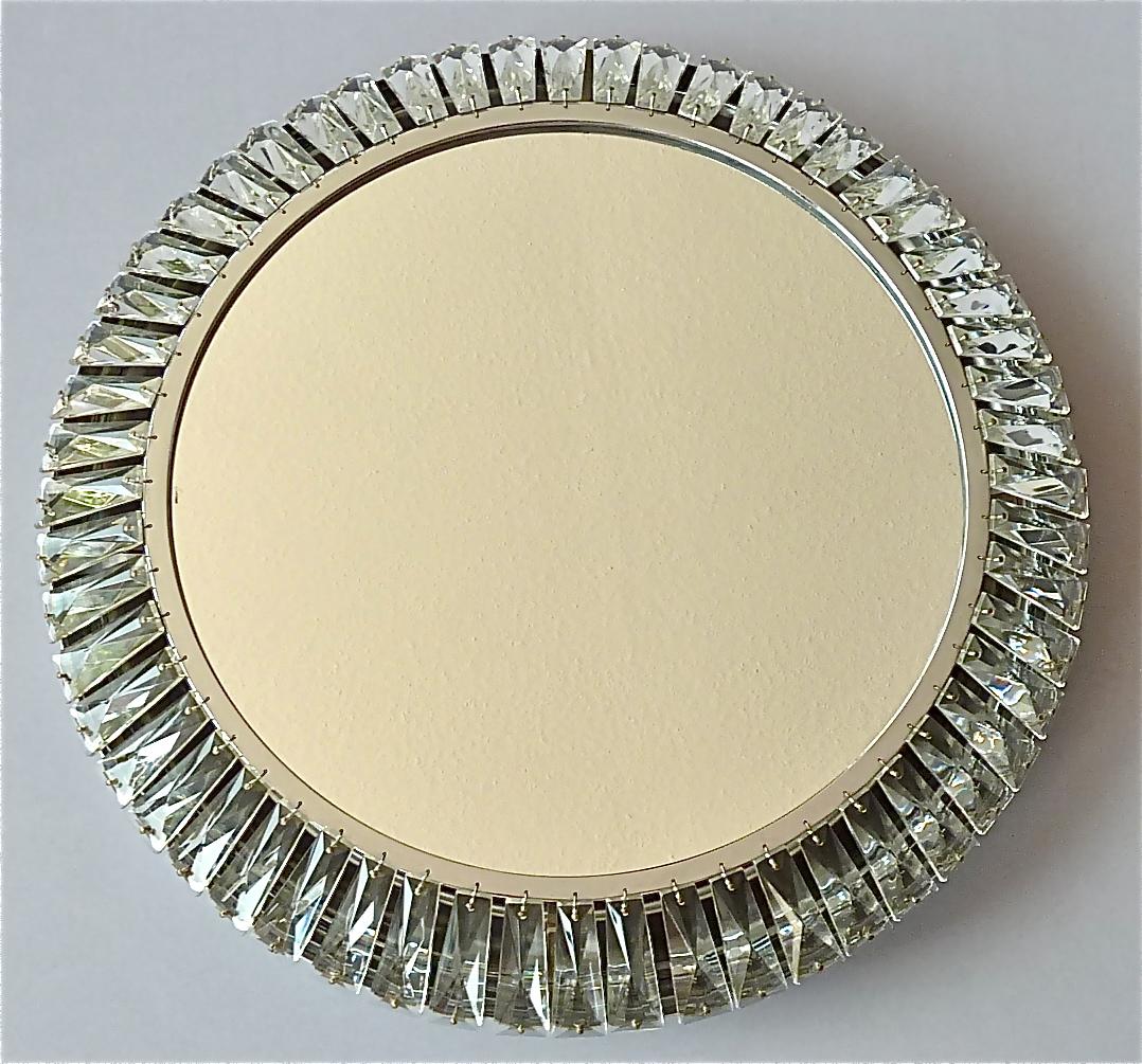 Polished Illuminated Round Palwa Wall Mirror Chrome Faceted Crystal Glass Bakalowits For Sale