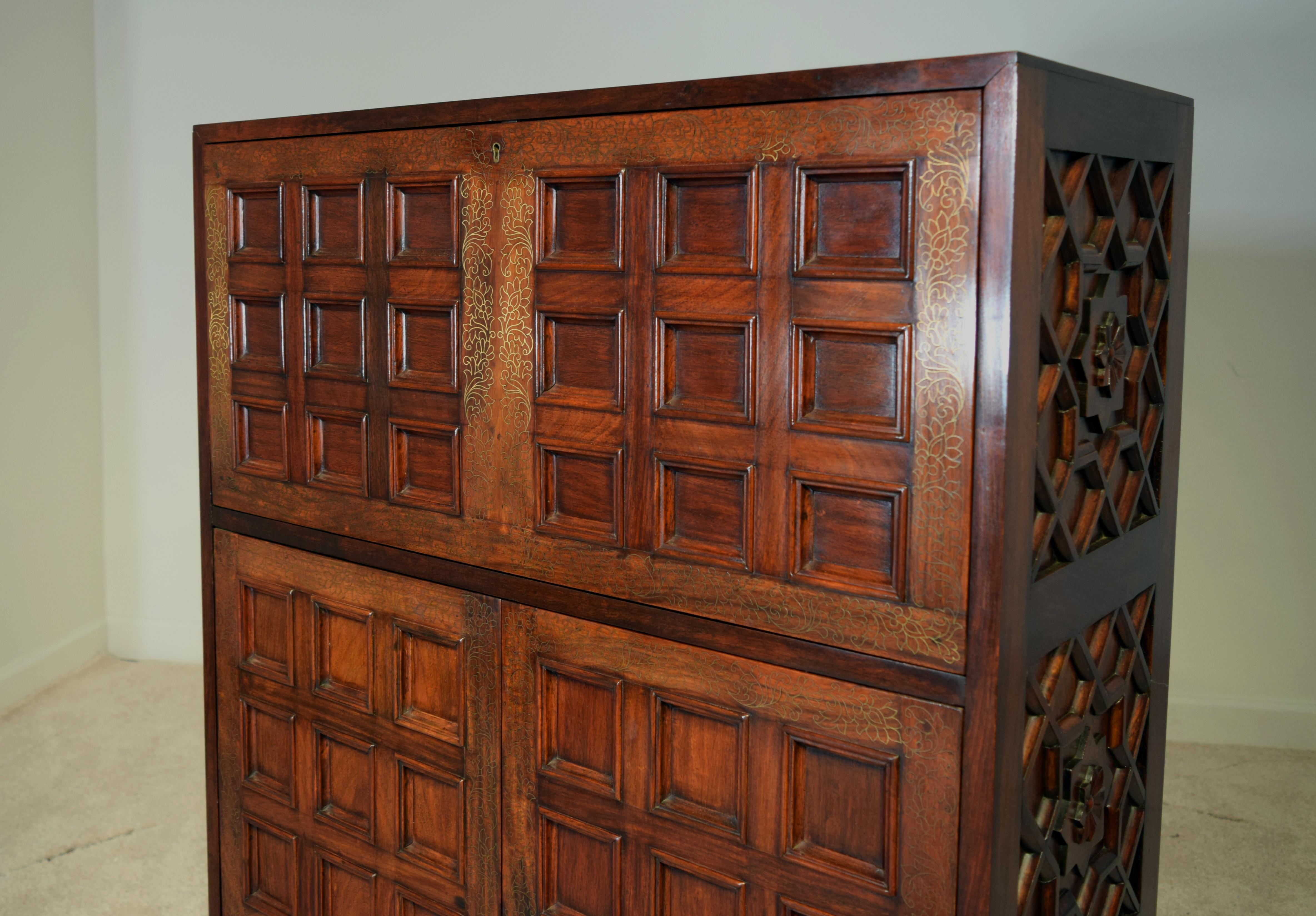 Illuminated Solid Rosewood Bar Cabinet with Brass Inlay 9