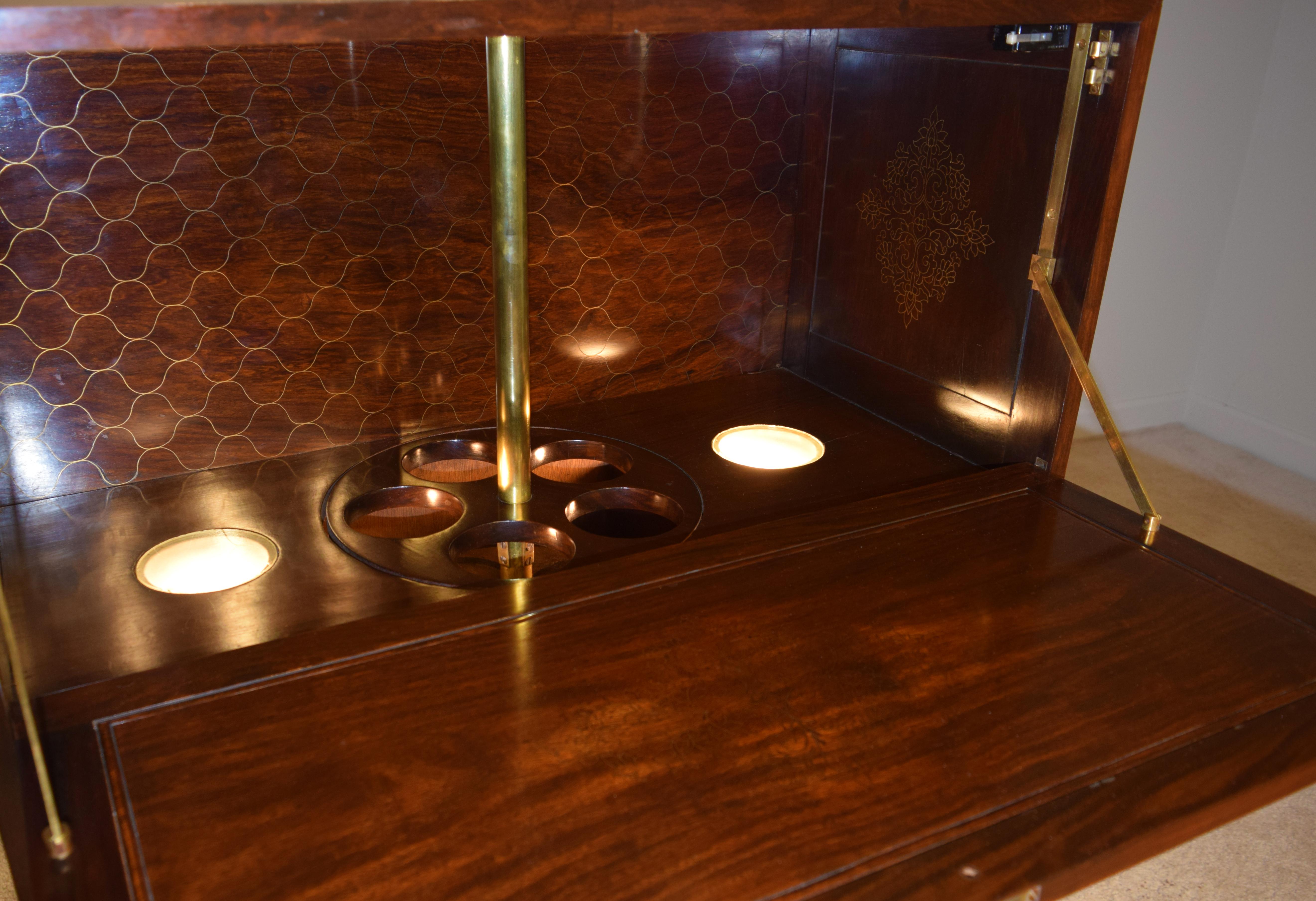 Illuminated Solid Rosewood Bar Cabinet with Brass Inlay In Excellent Condition In South Charleston, WV