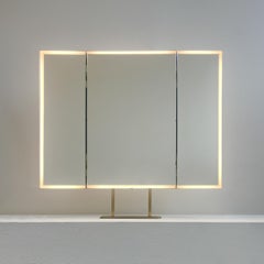 Illuminated Triptych Countertop Rectangular Mirror with Brass Frame and Backing