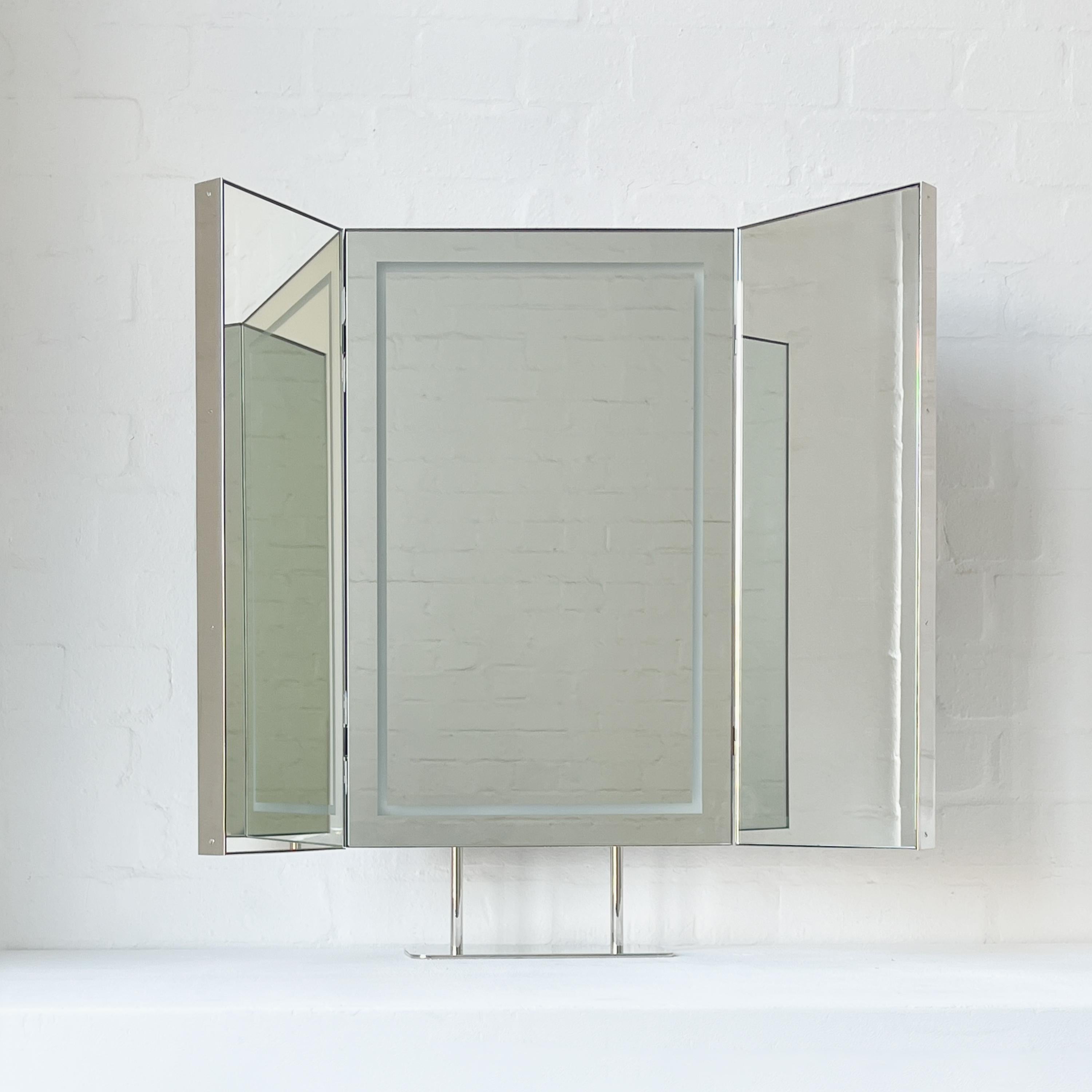 Illuminated Triptych Countertop Rectangular Mirror with Nickel plated Frame For Sale 3