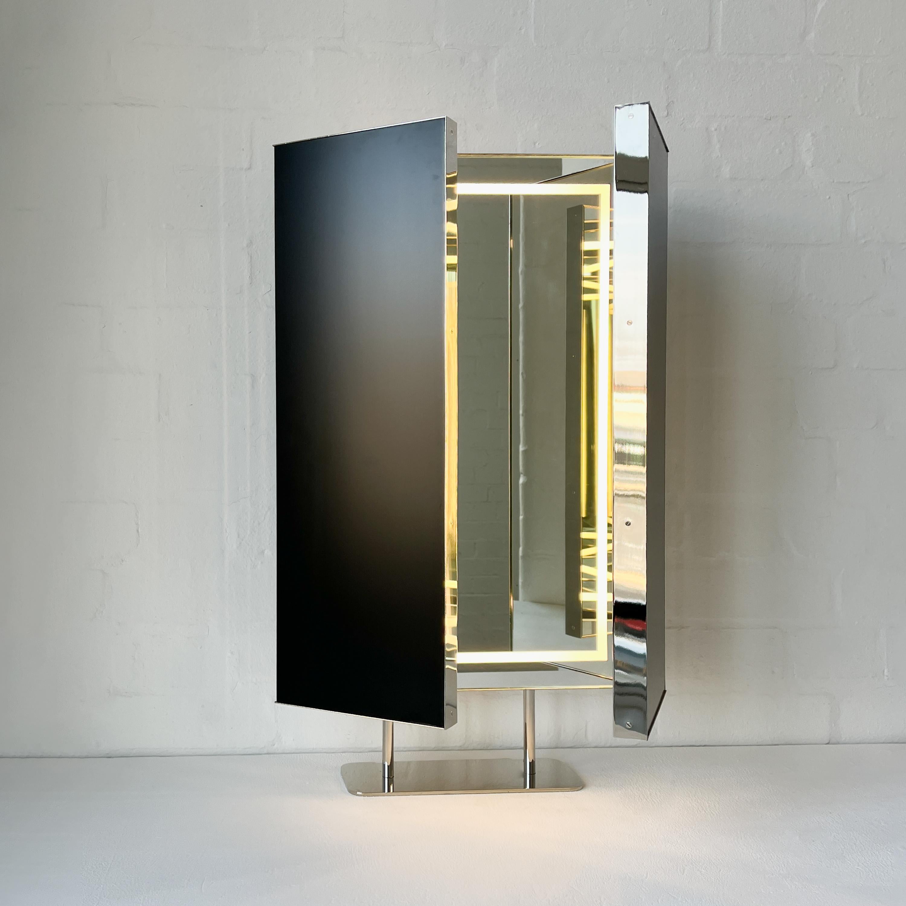 British Illuminated Triptych Countertop Rectangular Mirror with Nickel plated Frame For Sale