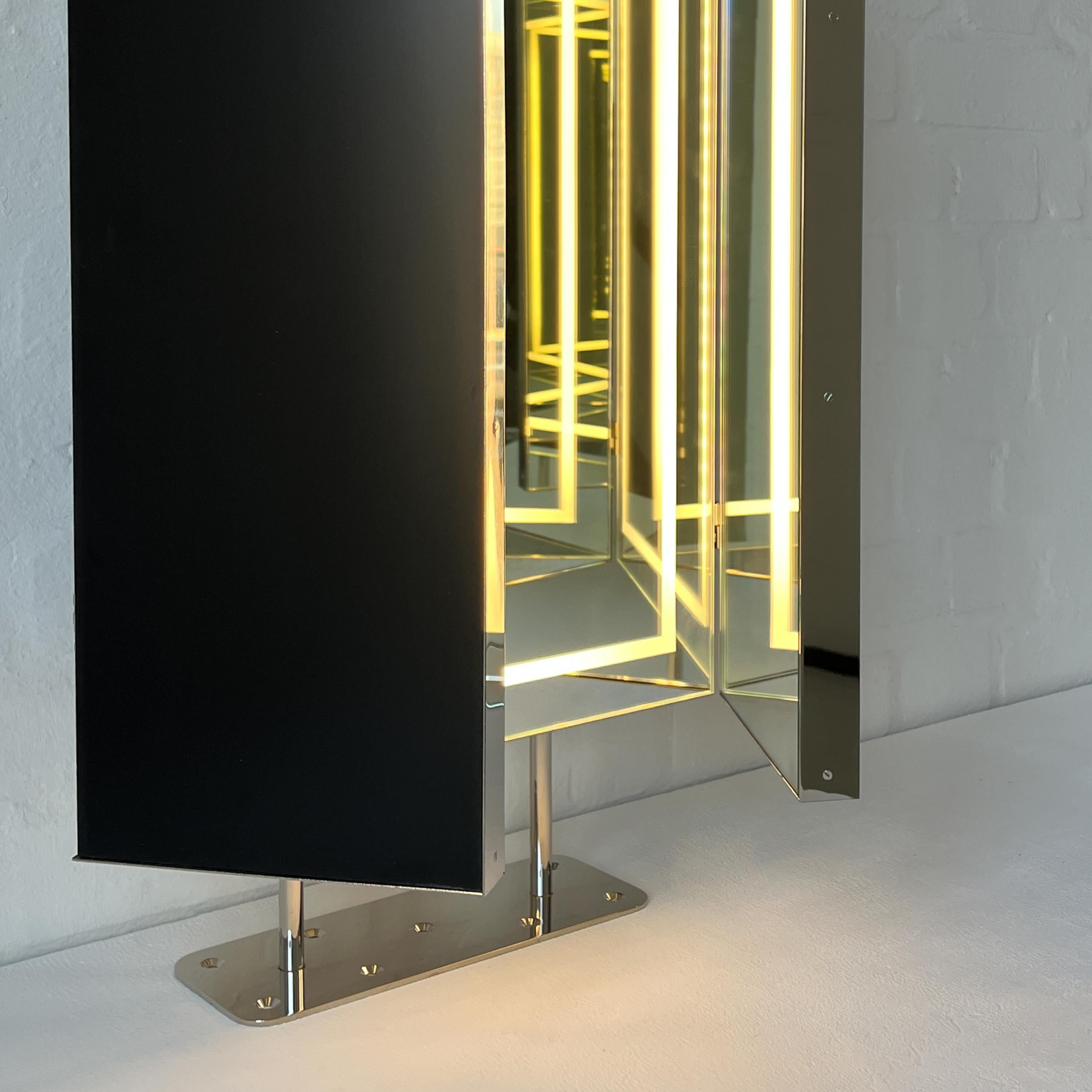Plated Illuminated Triptych Countertop Rectangular Mirror with Nickel plated Frame For Sale