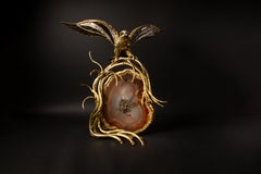 Beleuchtete Skulptur/Uhr aus vergoldetem Messing und Achat von Richard und Isabelle Faure