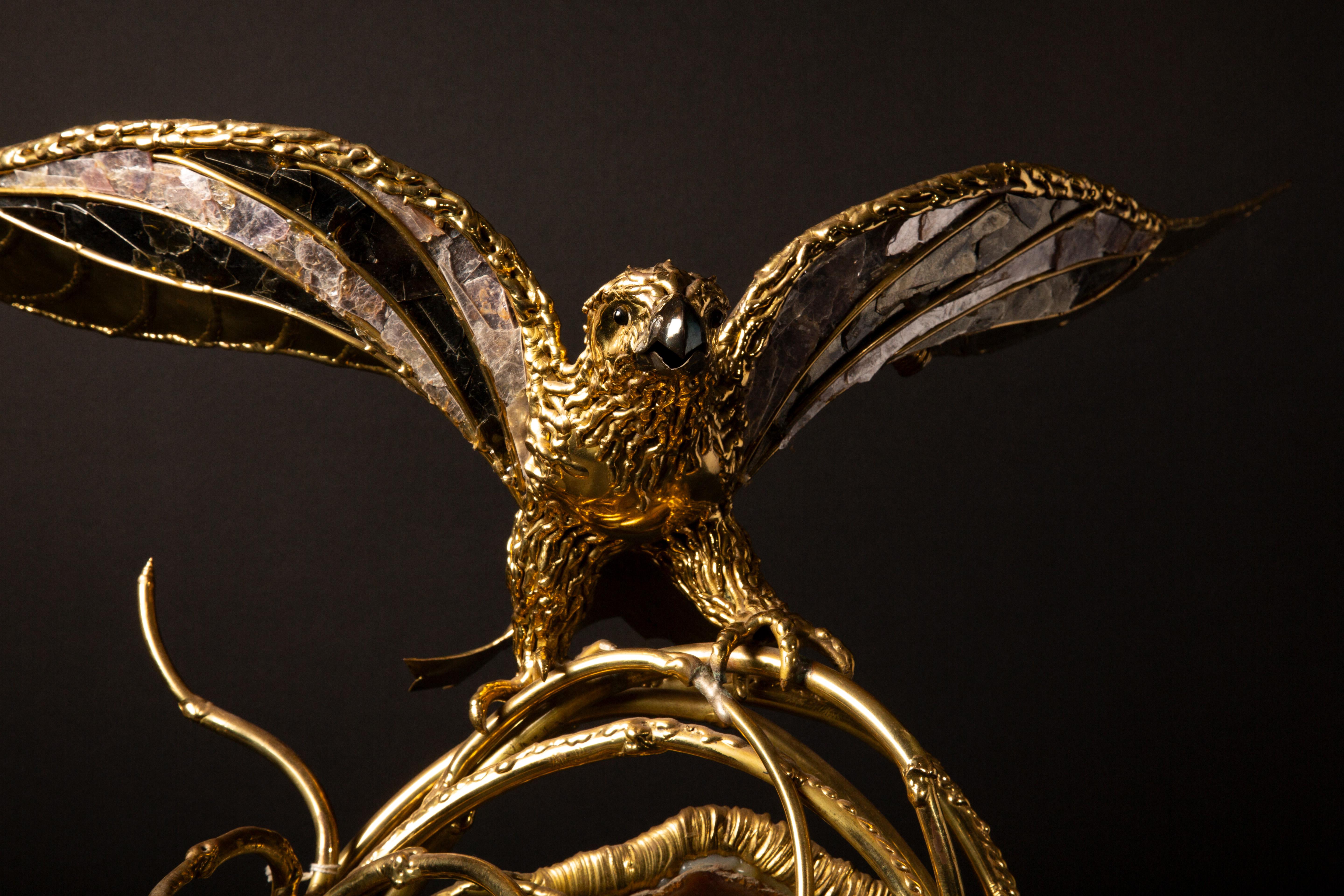 Mid-Century Modern Illuminating Gilt Brass and Agate Sculpture/Clock by Richard and Isabelle Faure