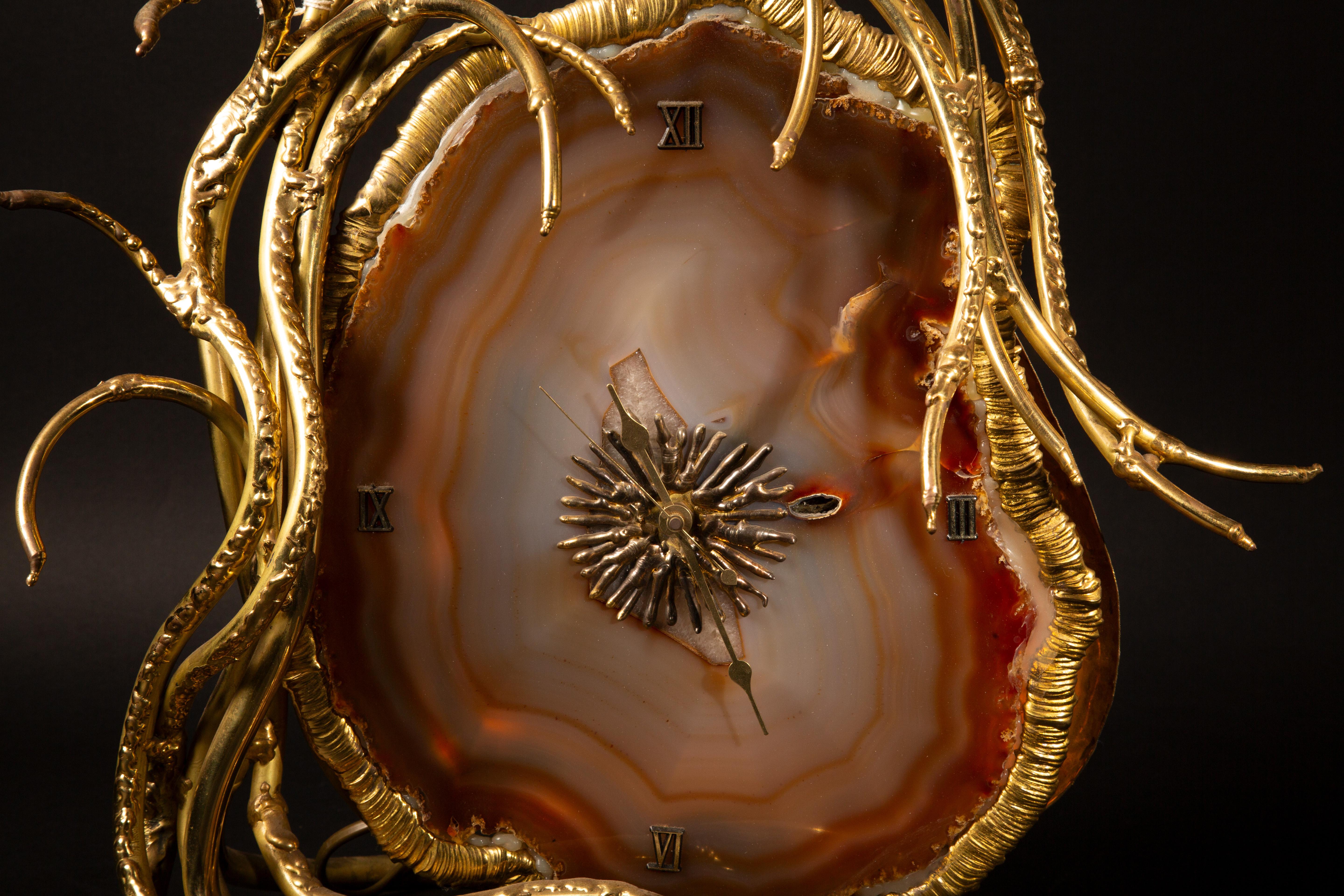 French Illuminating Gilt Brass and Agate Sculpture/Clock by Richard and Isabelle Faure