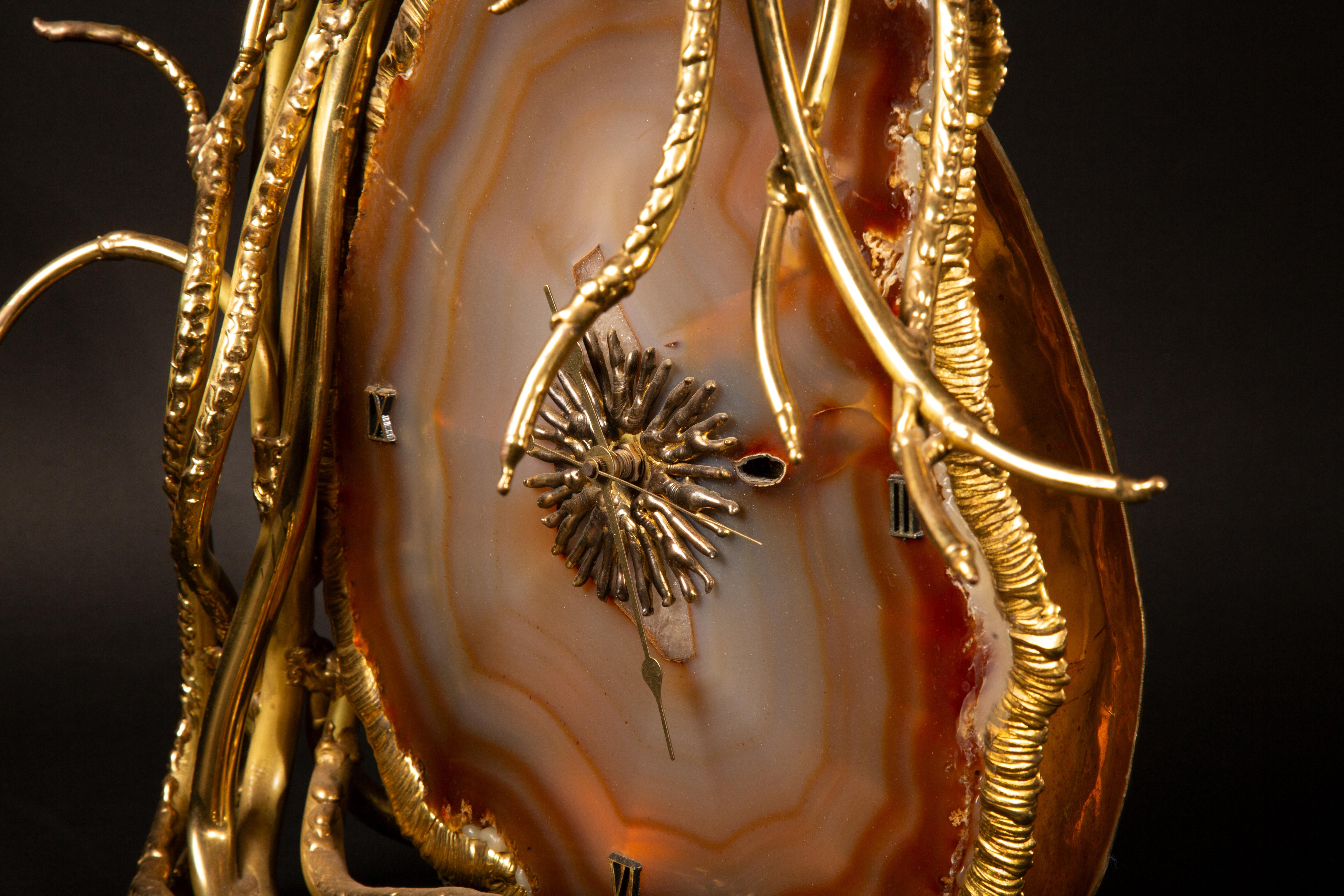 Late 20th Century Illuminating Gilt Brass and Agate Sculpture/Clock by Richard and Isabelle Faure