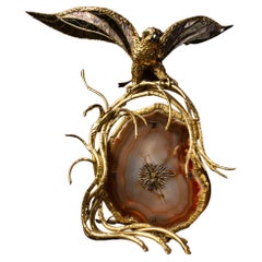 Retro Illuminating Gilt Brass and Agate Sculpture/Clock by Richard and Isabelle Faure
