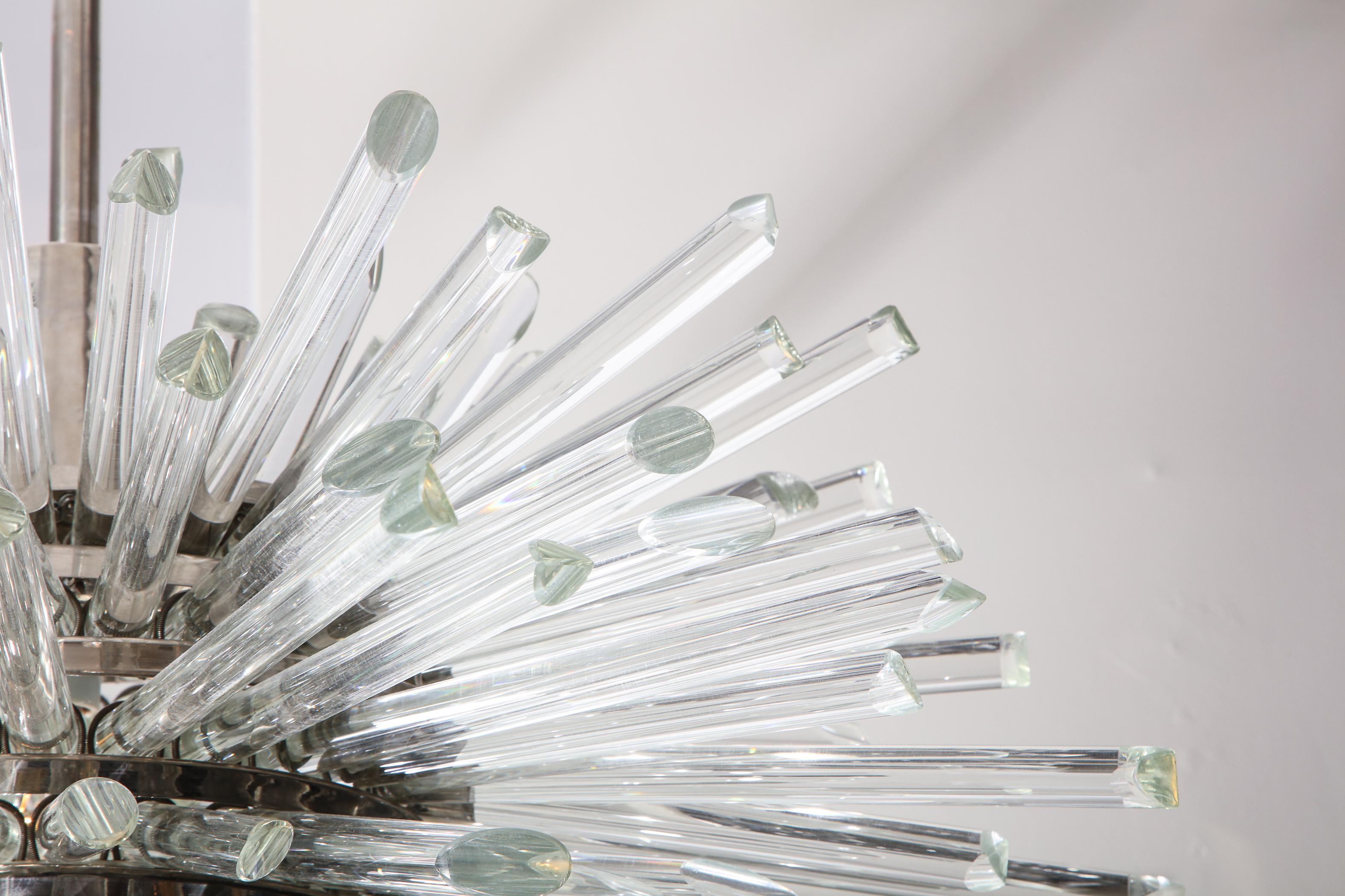 Illuminating Glass Rod Sputnik Chandelier in Polished Nickel For Sale 1