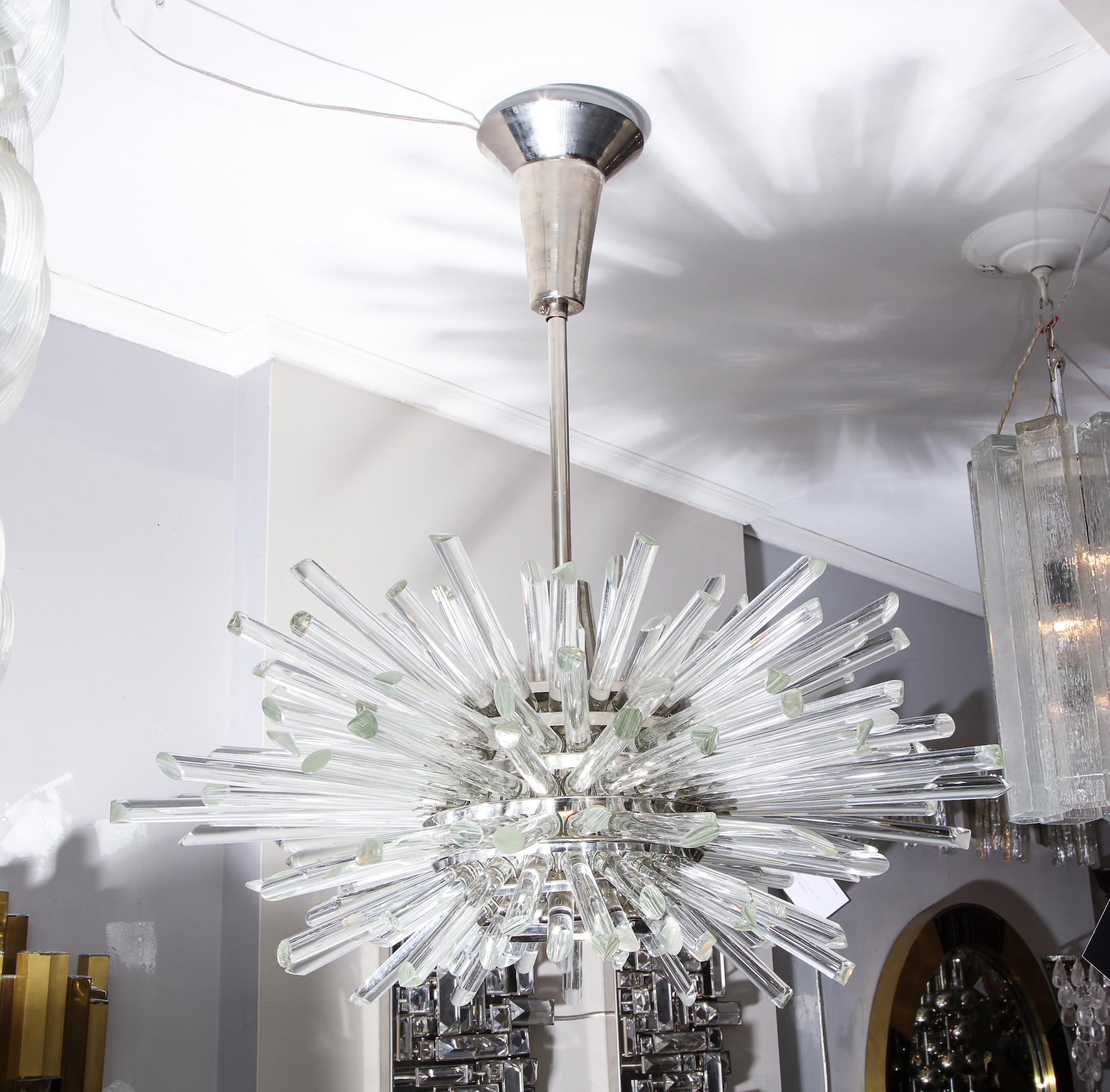 Custom illuminating glass rod Sputnik chandelier in polished nickel finish. Custom orders are available for different sizes and finishes. Please specify overall height you need for the chandelier upon order.